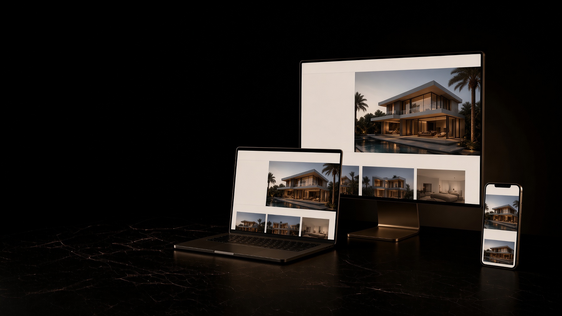 A website shown across a desktop monitor, laptop, tablet and phone